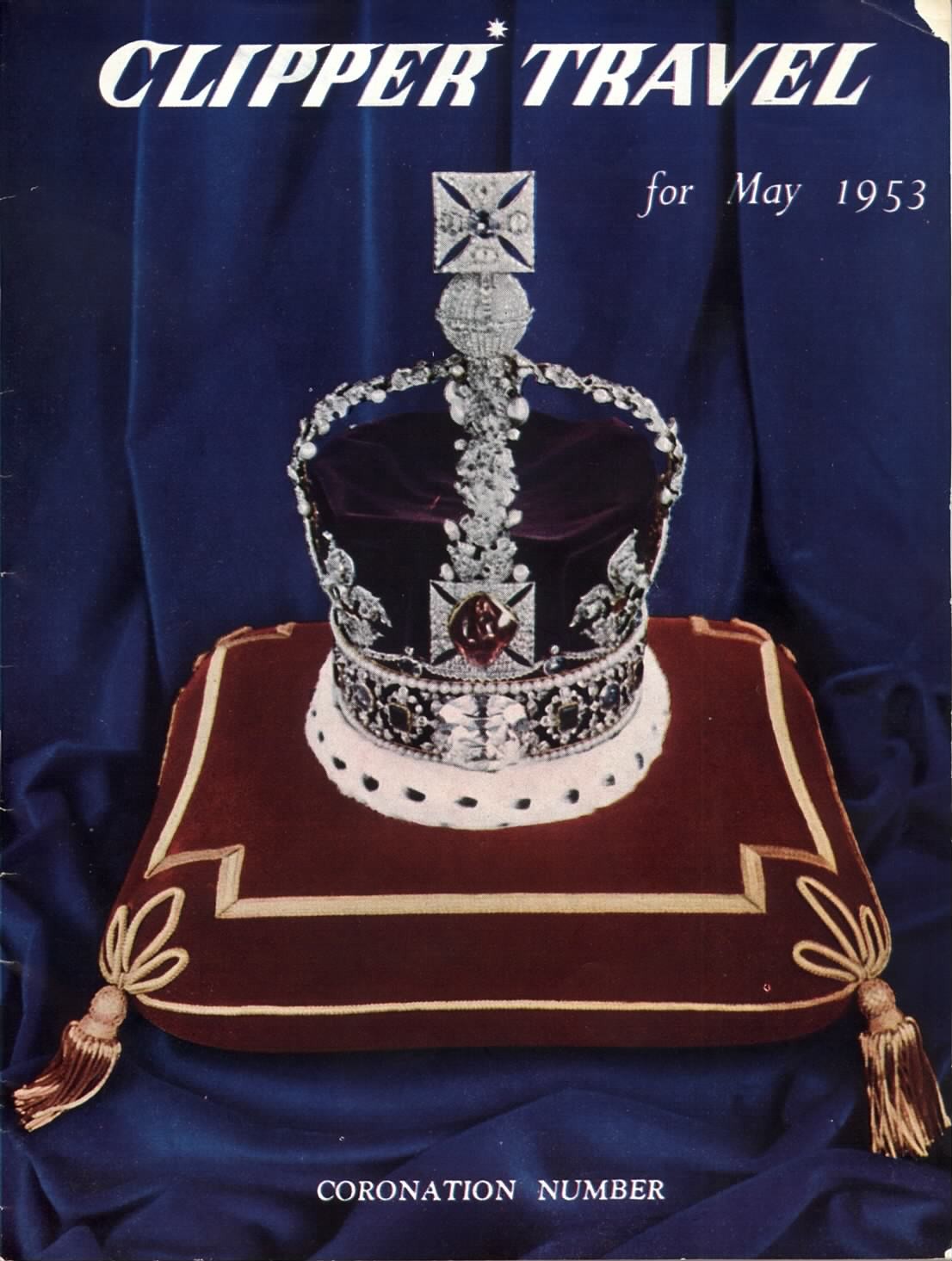 1953 May, Clipper Travel in-flight magazine with cover story on the Crown Jewels of England.